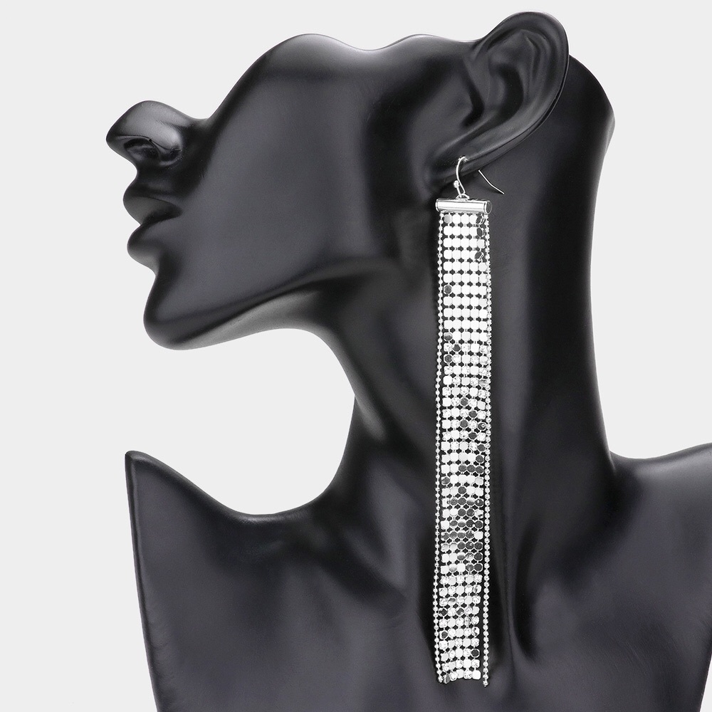 Long Glamorous Silver Mesh Chain Dangle Statement Earrings